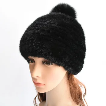 

Mink Fur Beanies Cap With Fox Fur Pompoms For Women Thicken Female Cap Winter Knitted Real Mink Fur Hat