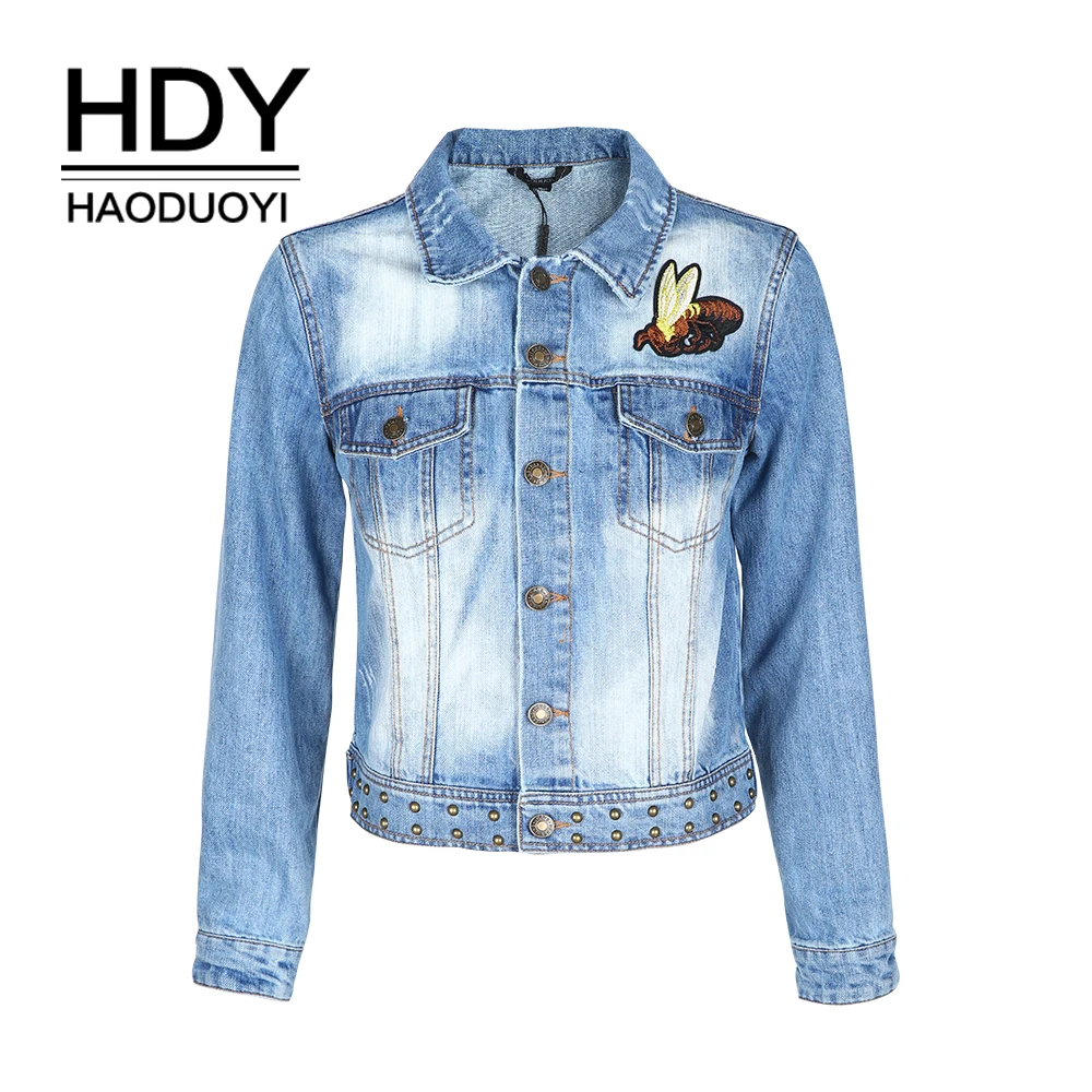Женская джинсовая куртка Haoduoyi однотонная синяя с вышивкой в виде животных |