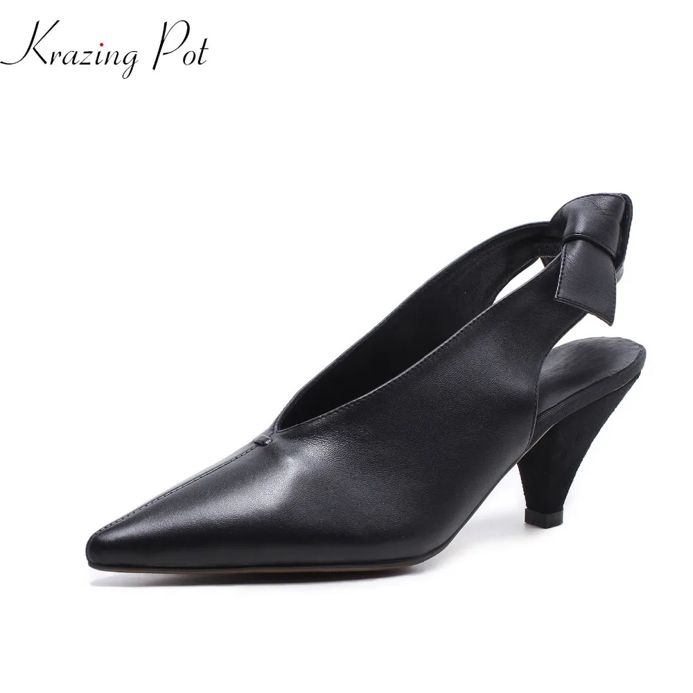 Krazing pot cow leather butterfly-knot med heels slingback mules pointed toe slip on women elegant wedding brand pumps shoes L80