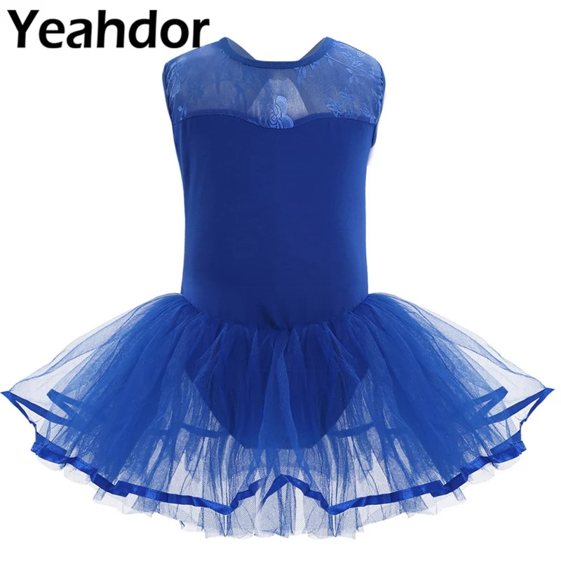 Kids Girls Sleeveless Cutout Back Ballet Dance Leotard Tutu Dress Mesh