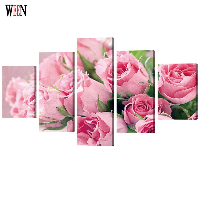 

WEEN Framed 5 canvas Pink Flower Picture HD Printed Rose Wall Art Stretched And Framed For Living Room Cuadros Decoracion 2017