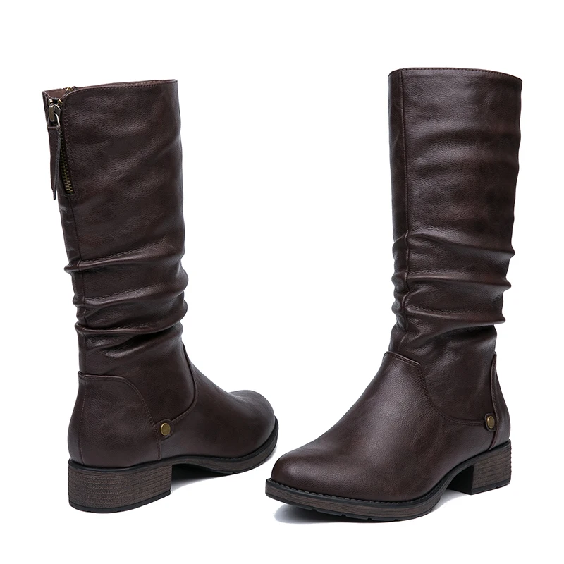 IMG_5616AIMEIGAO New Autumn Winter Mid-calf Women Boots Flats Heels Warm Plush PU Leather Boots High Quality Knee High Boots
