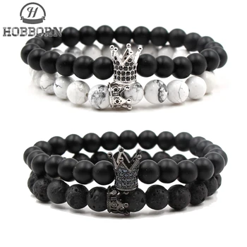 

HOBBORN Trendy Natural Stone Women Bracelet Matt Lava Stone CZ Crystal Crown Strand Beads Couple Bracelets Set Love Jewelry Cruz