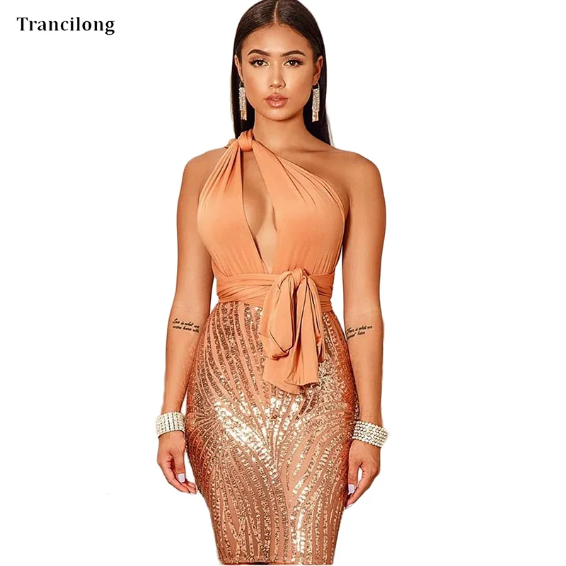 

Trancilong New Elegant Nightclub Mini Summer Dress Sexy One Shoulder Asymmetric Knitting Lace Sequin Dress Wholesale Beach Club
