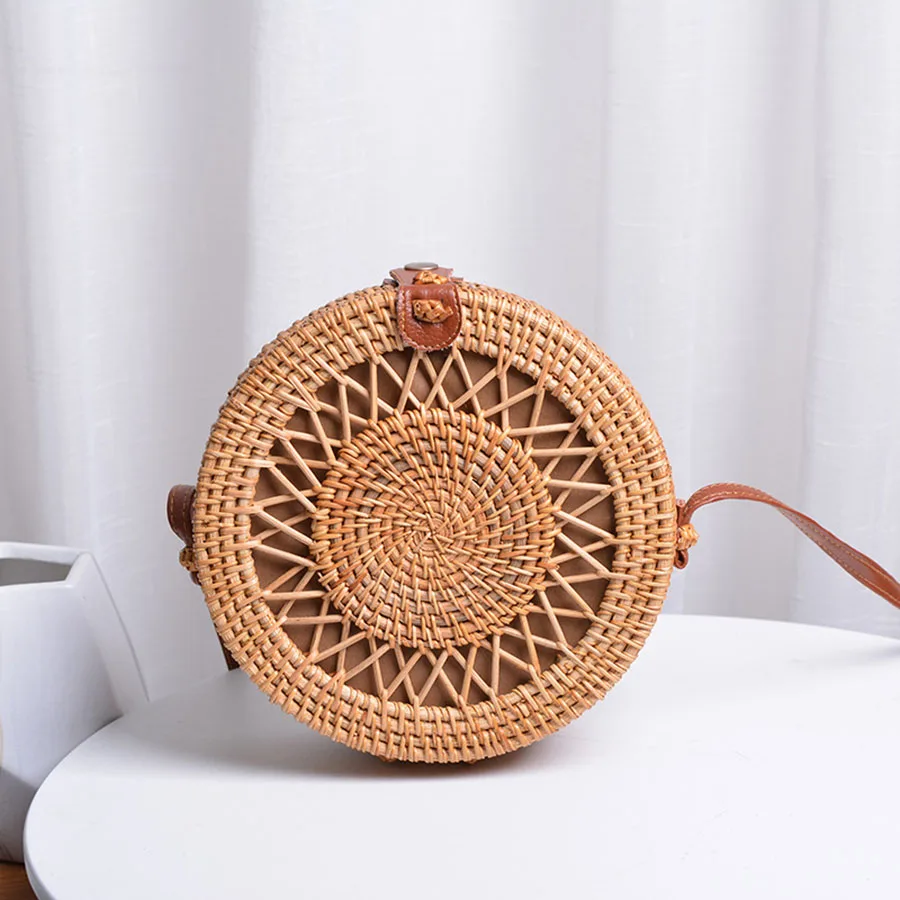 20cm Big Size Handmade Circle Chinese Bowknot Women Rattan Bags Spiral Style Hollow Out Flowers Female Shoulder Bags B380