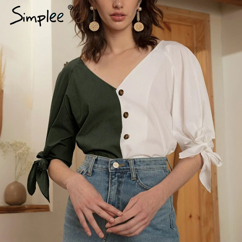 

Simplee Elegant v neck contrast color spliced women blouses Tie up sleeve buttons patchwork blouse femme Autumn casual tops 2018