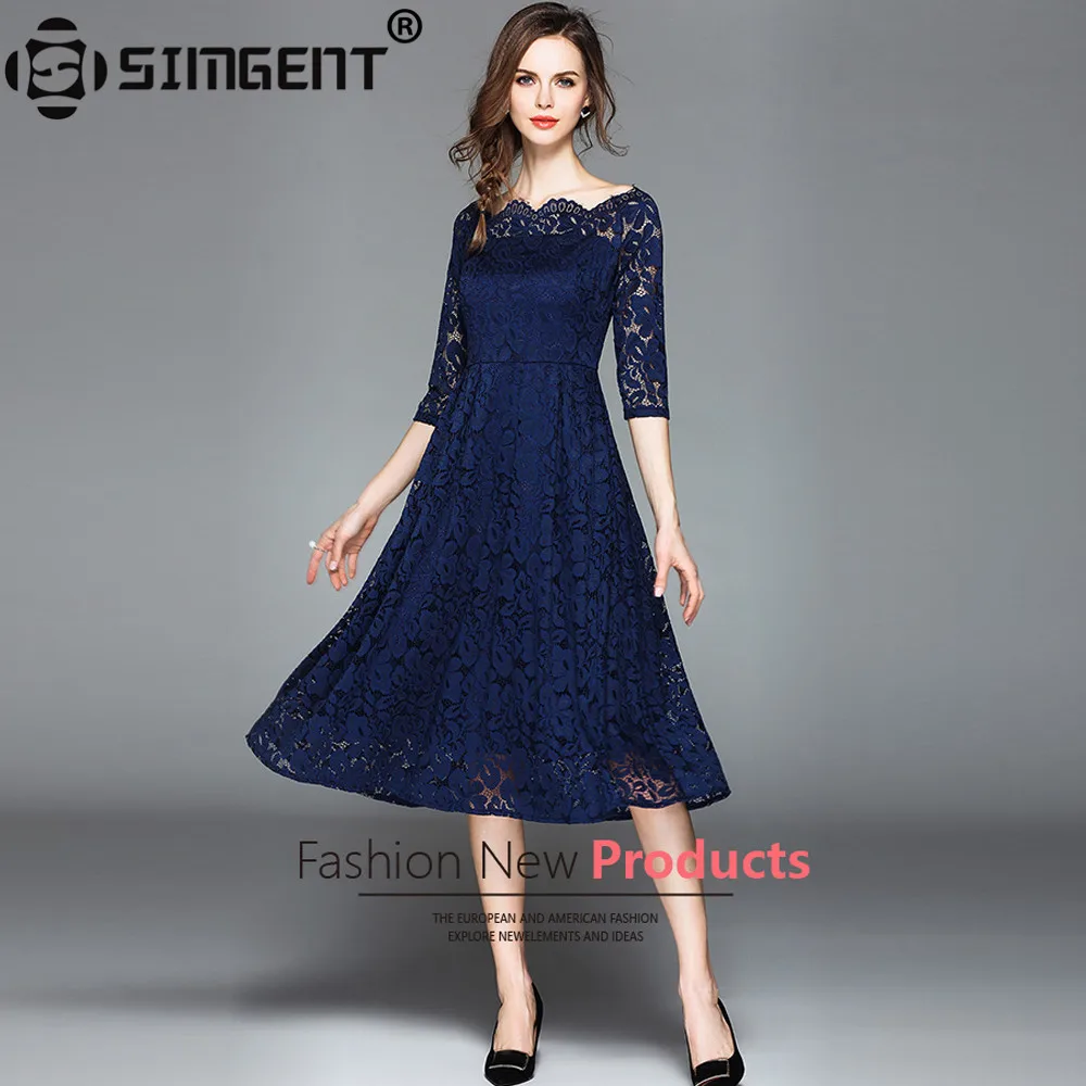 

Simgent New Fashion Women Slash Neck Casual Elegant Pinup Skater Knee Length Hollow Out Lace Dress Vestidos Robe Femme SG84173