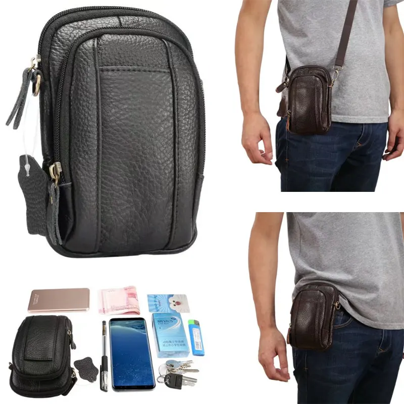 Universal Genuine Full Grain Leather Shoulder Zipper Dual Pouch Bag ...