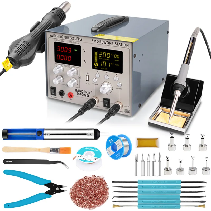 9305D 4in1 usb 5 v 2a+ паяльник+ Термофен+ Мощность Supply30v 5a+ сварки ремонт Сварка станции с подарками 110 или 220 V