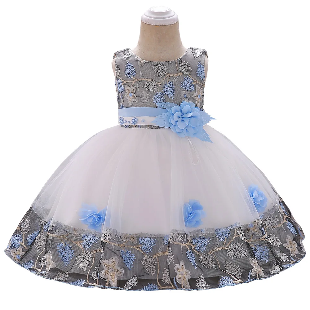 Детское рождественское платье на день рождения для маленьких девочек, 1 год кружевные вечерние платья принцессы с цветочным рисунком для маленьких девочек Новогодняя одежда для маленьких девочек - Цвет: Небесно-голубой