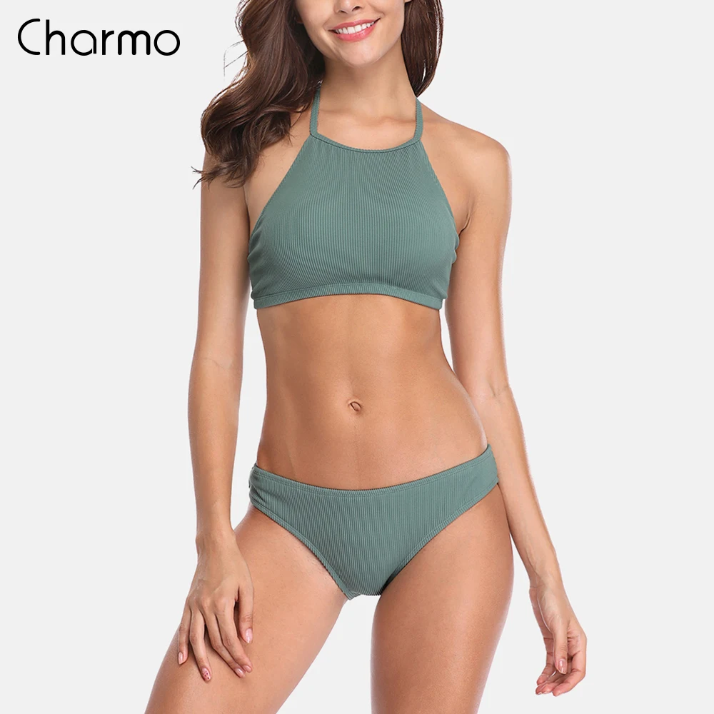 Женский комплект бикини Charmo купальник с воротником и лямкой на шее однотонный