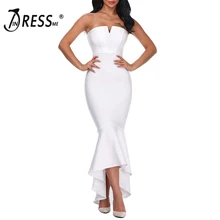 INDRESSME Mulheres Bandage Vestido Elegante Strapless Mid-Bezerro Sereia Branco Sólido Lady Partido Vestido Vestidos 2018 Nova