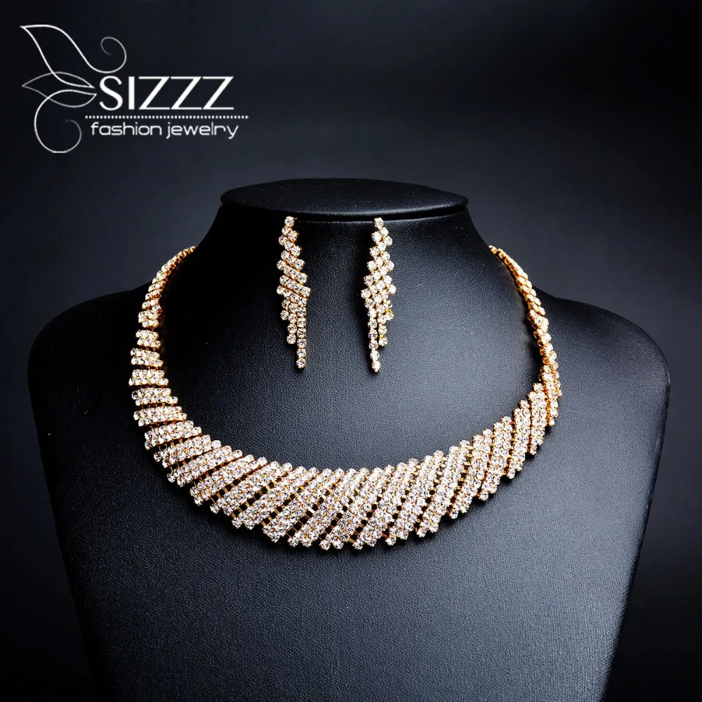 

2019 Vintage Crystal Bridal Wedding Jewelry Sets African Beads Gold Color Rhinestone Women Necklace Sets Engagement Jewelry
