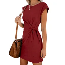 Women Loose Round Neck Dress Short Sleeve Solid Color Casual Bandwidth Short Sleeve Dresses For Ladies 2019 Fashion Plus Size fashionable round neck short sleeve plus size printed dress for women