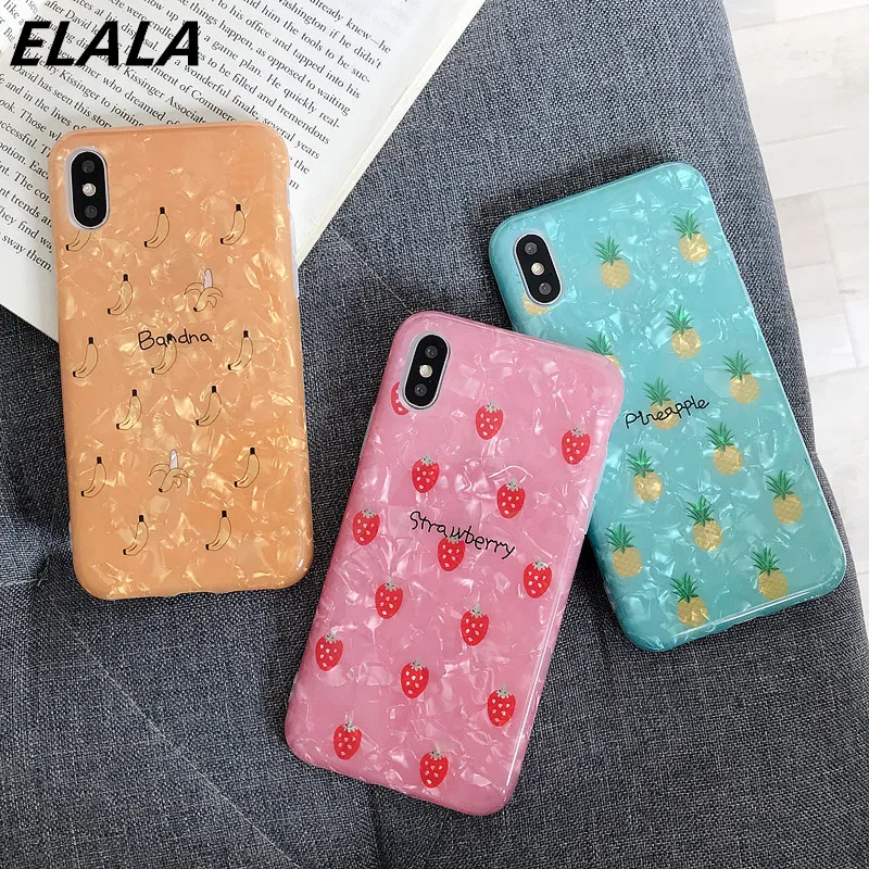 

ELALA Cute Girl Marble Case For iPhone 6S Case Silicon Cartoon Fruit Pattern Glitter Cover For iPhone 6 7 8Plus X XR Xs Max Case