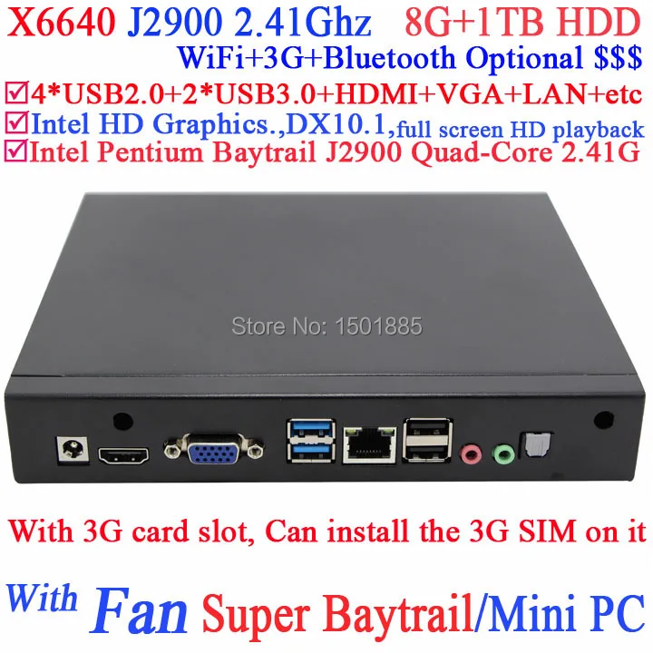 China new products mini pc,desktop pc for office Intel Pentium Baytrail J2900 Quad Core with 3G card slot