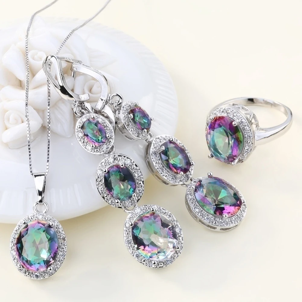4Pcs/Set Multicolor Crystal Faux Inlaid Ring Earrings Pendant Necklace Jewelry To Women Geometric Design Wedding Jewelry Faux