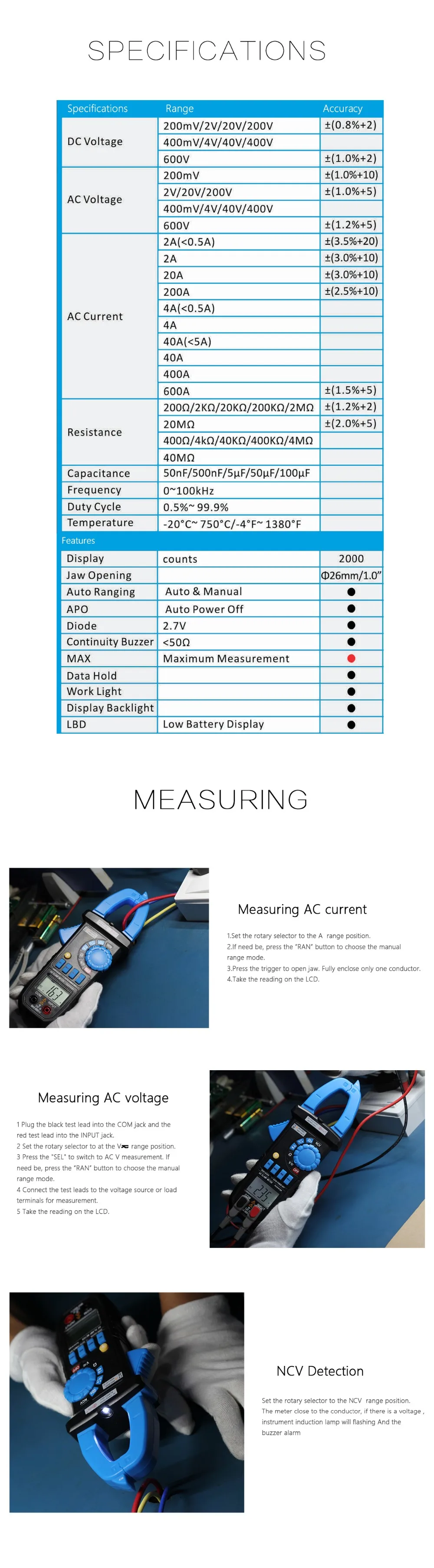 BSIDE ACM01 Plus 3 1/2 600A Авто Диапазон Цифровой клещи бесконтактный Тестер переменного тока мультиметр и зажим освещение подсветка