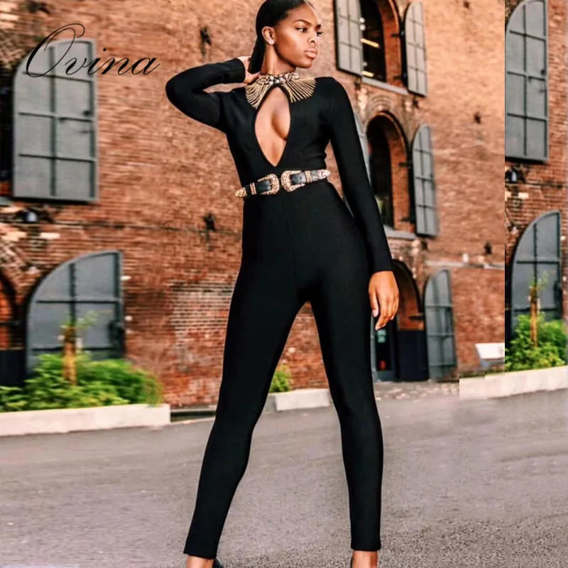 

High Quality Black Long Sleeve Hollow Out Beaded Bodycon Rayon Bandage Jumpsuit Party Women Rompers