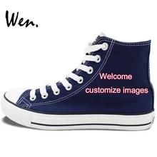 Вэнь ручная роспись высокие синие парусиновые туфли на заказ предлагаем фотографии, которые вы хотели бы получить в соответствии со сложностью