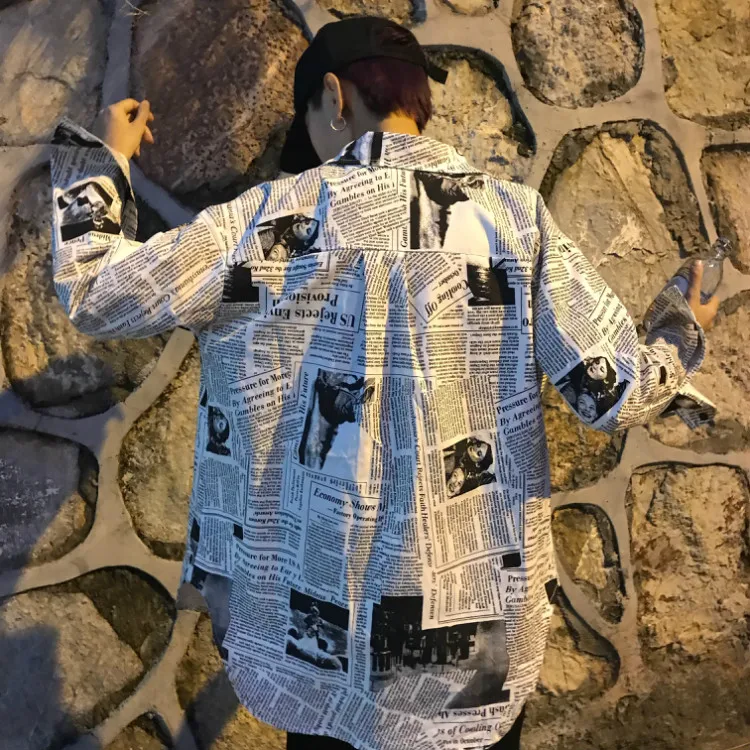 Готический рэп хип хоп английская газета с буквенным принтом Свободная блузка свободная рубашка уличная мода блуза Корейская футболка Harajuku топы