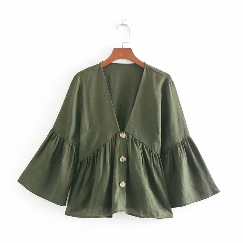 

Flabbit women vintage solid color buttons decoration linen shirt casual pleats blouse women chic chemise blusas tops LX0568