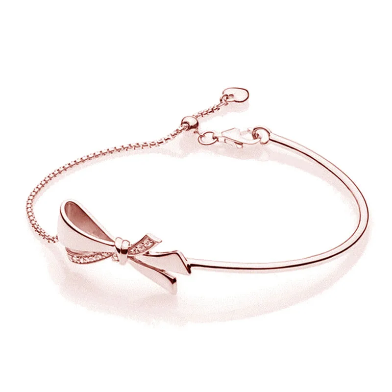 

Trendy 925 Sterling Silver Bead Charm Bangle Fit Original Rose Pandora Brilliant Bow Bracelet for Women Europe DIY Jewelry Gift
