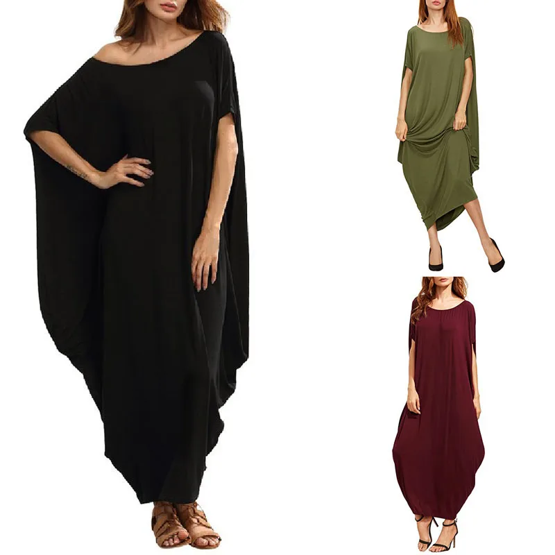 Summer Womens Solid Loose Maxi Dress Ladies Crew Neck Casual Party Long Dress