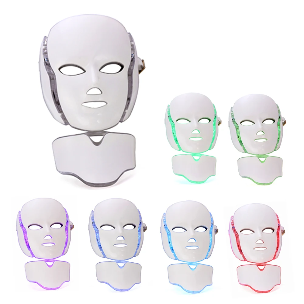 Online 7 LED con fotones de colores mascarilla Facial para terapia de luz con máscara para el cuello eliminación de acné antiarrugas cuidado Facial de la piel tratamiento de belleza salón de belleza hogar