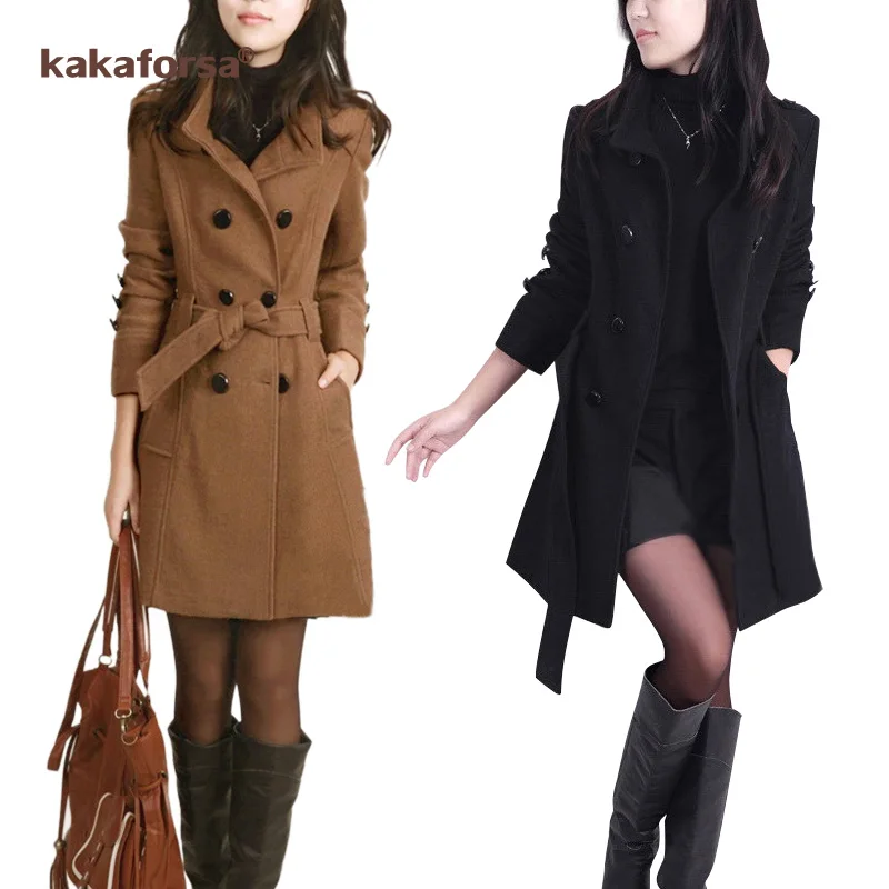 

Kakaforsa New Womens Wool Blend Coat Turn Down Collar Slim Belt Double Breasted Coats Autumn Winter Elegant Female Overcoat