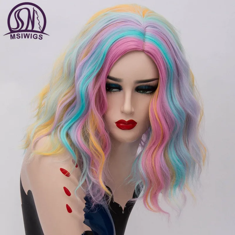 Pelucas cortas de Cosplay para mujeres pelucas onduladas de Color arcoíris lado Central línea de pelo Natural Cos sintético Rosa pelo Pelucas cortas de Cosplay para mujeres pelucas onduladas de Color arcoíris lado Central línea de pelo Natural Cos sintético Rosa pelo