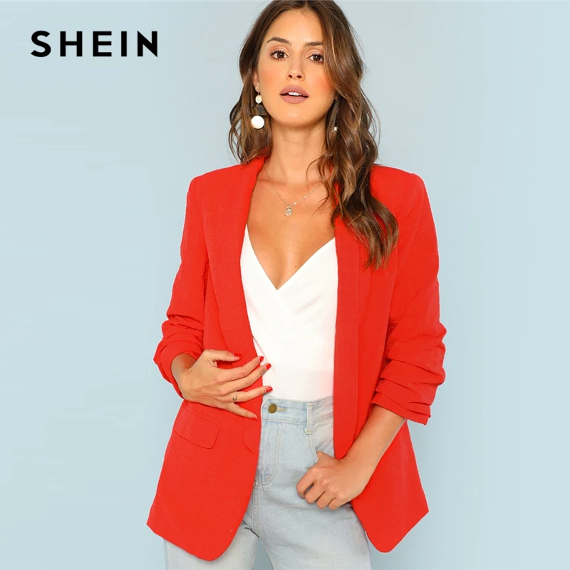 Koop SHEIN Red Shawl Collar Longline Single Breasted Pocket Office Lady Solid Blazer 2018 Autumn Elegant Women Coat And Outwear