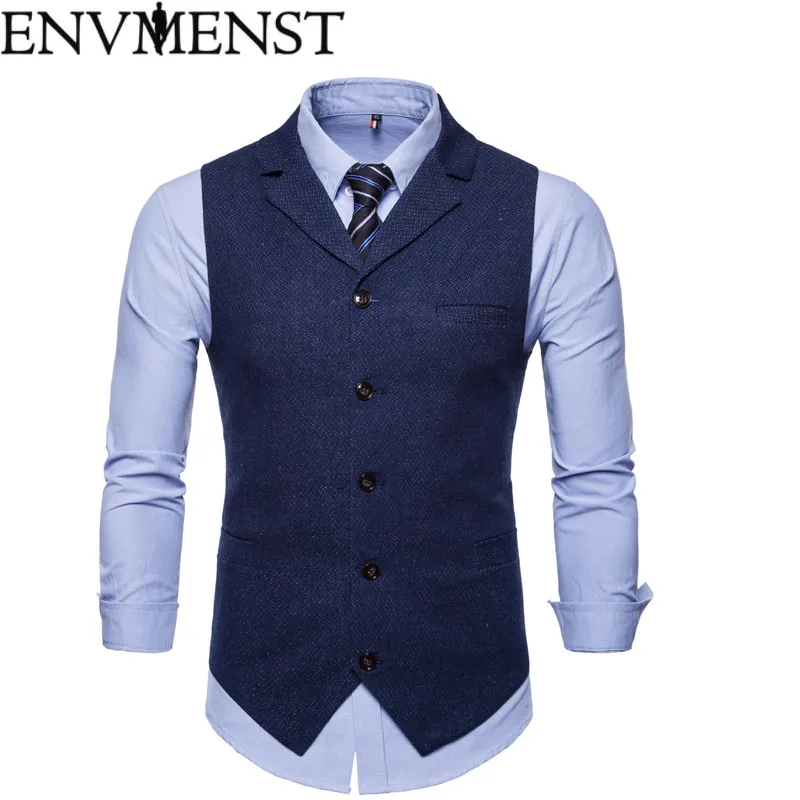 

Envmenst New Double Breasted Suit Vest Men 2018 Brand Slim Fit Sleeveless Waistcoat Mens Casual Tweed Weeding Dress Vests