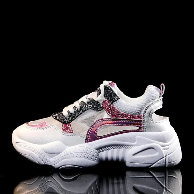 

Women's Running Sports Shoes 2019 Baitao Sequin Mesh Hollow Air Permeability Increased Thick-soled Daddy Shoes Summer Sneakers
