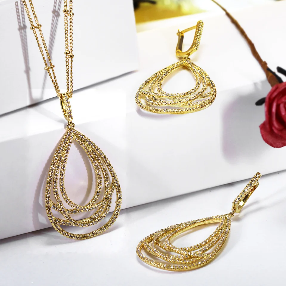 Nice Gift for parents Big Drop shape Pendant Jewelry set Exclusive design 2-row chains Dangle earrings Women Luxury Necklace set Nice Gift for parents Big Drop shape Pendant Jewelry set Exclusive design 2-row chains Dangle earrings Women Luxury Necklace set
