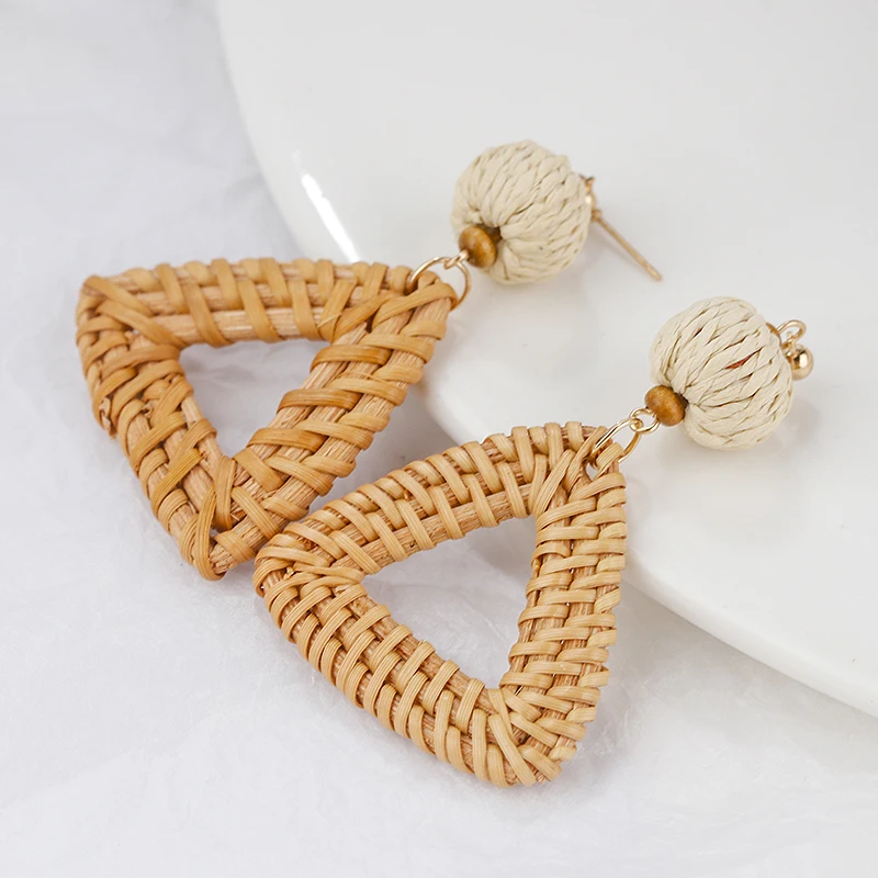 

AENSOA Korea Hemp Rope Ball Triangle Drop Earrings For Women Handmade Rattan Straw Braid Geometric Bamboo Earring Accessories