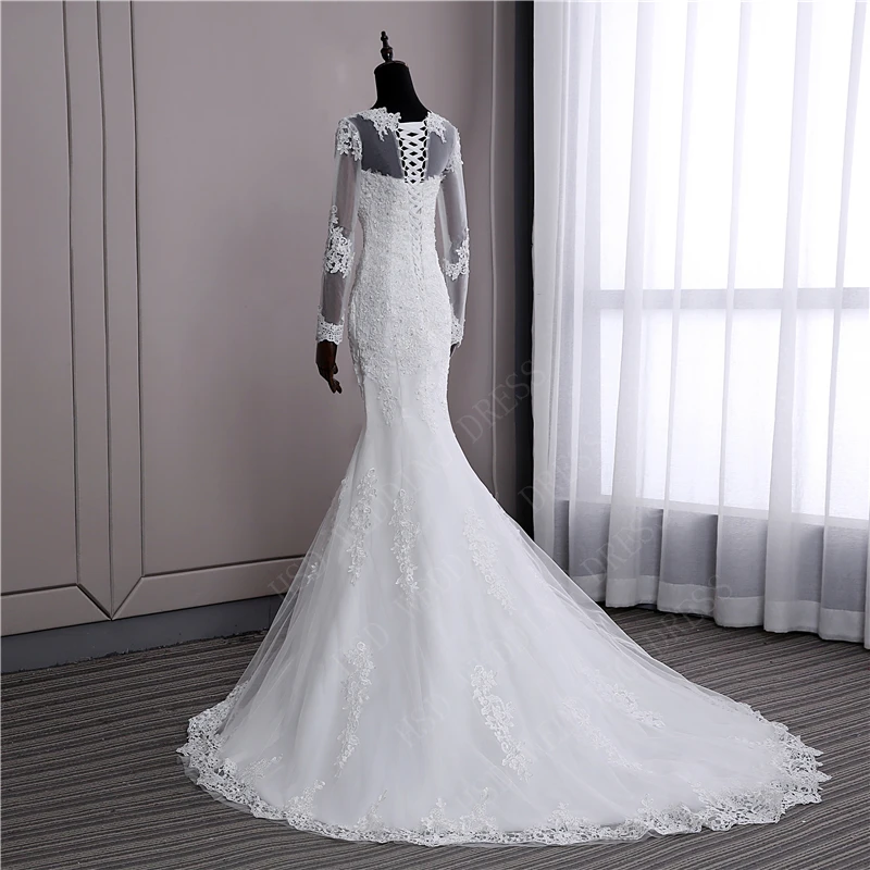 Иллюзия сексуальный длинный рукав русалка маленький поезд свадебное платье стиль корейский кружева аппликации рыбий хвост невесты estidos de noiva