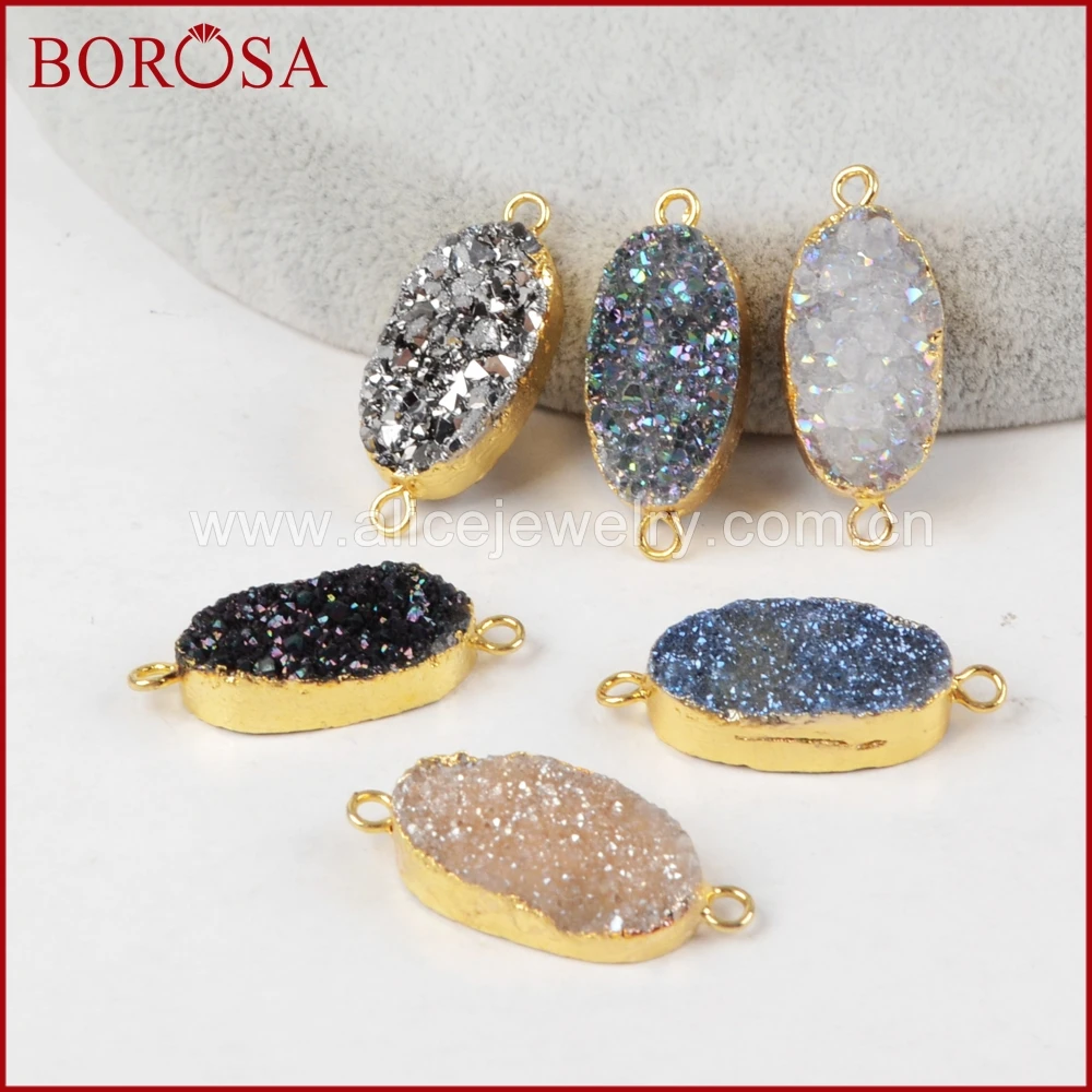 BOROSA Drusy Хрустальный соединитель Шарм, овальный золотой цвет натуральный кристалл Druzy Титан Радуга соединитель двойной Bails G1285