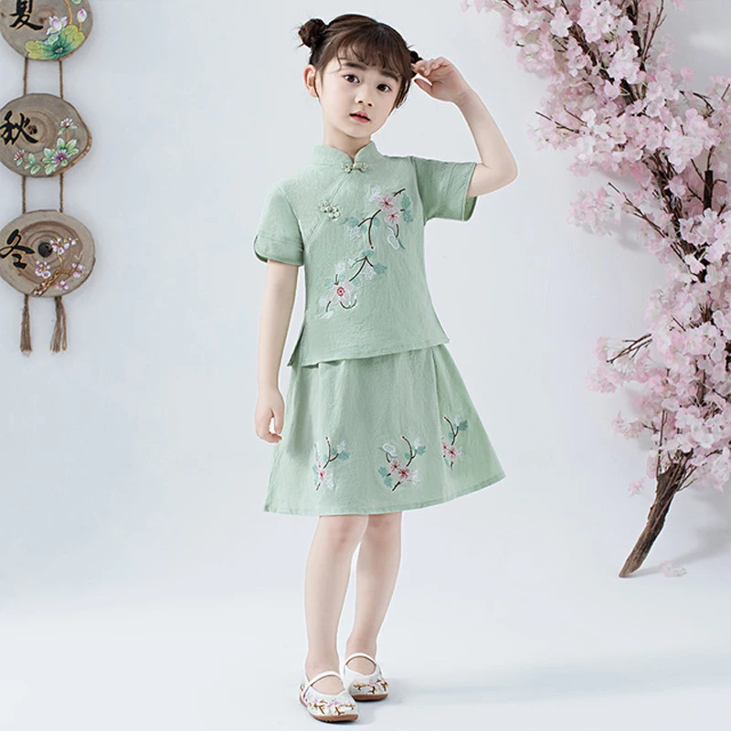 Милое Платье для девочек в традиционном китайском стиле в стиле «Хан Фу» из 2 предметов, детское платье в стиле ретро детские летние повседневные хлопковые и льняные платья
