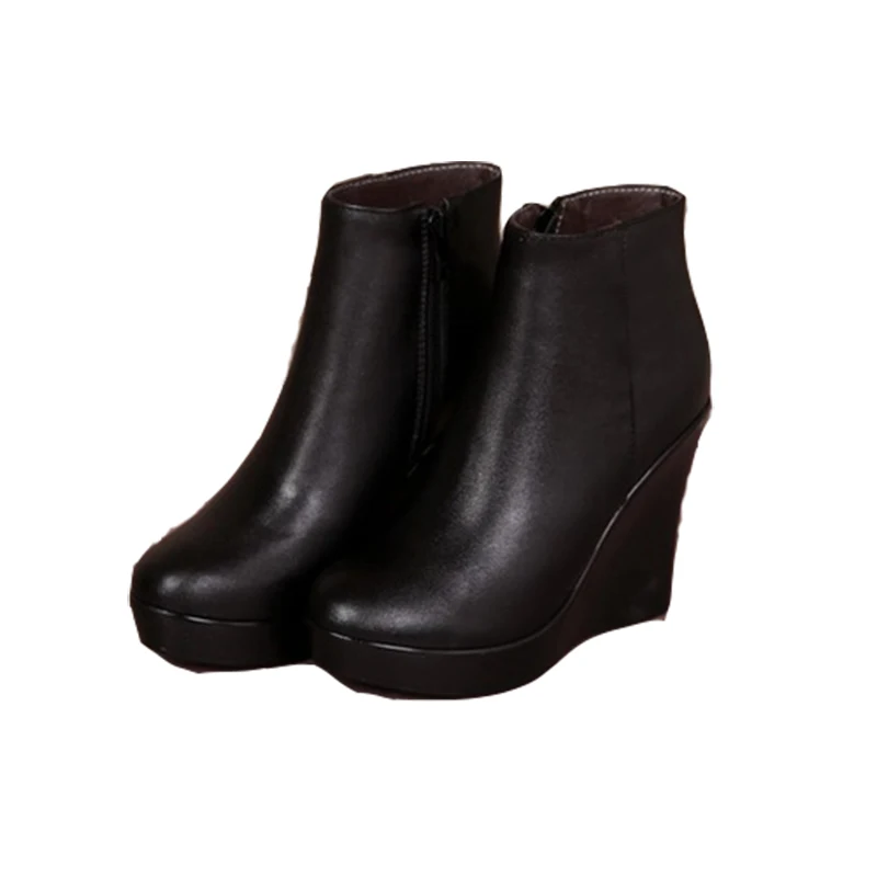 

Genuine leather boots short round leather zipper thick sole super 2018 autumn winter black cotton boots high heel boots