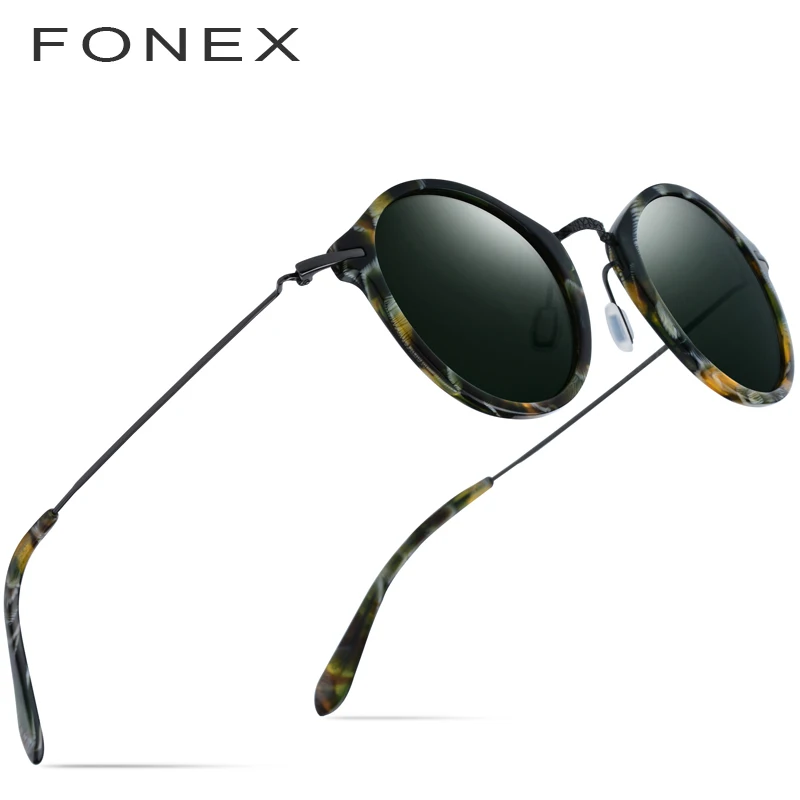 FONEX эластичные титановые поляризованные солнцезащитные очки для женщин, фирменный дизайн, винтажные Круглые Солнцезащитные очки для мужчин, ретро ацетатные солнцезащитные очки - Цвет линз: Зеленый