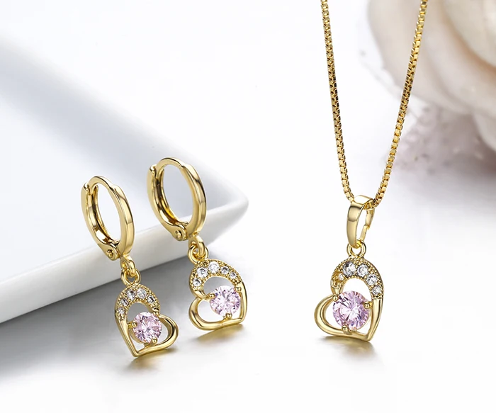 Cute Gold Color Love Heart with Pink or White CZ Drop Earrings Pendant Necklace Small Jewelry Sets for Women Children Girls Kids