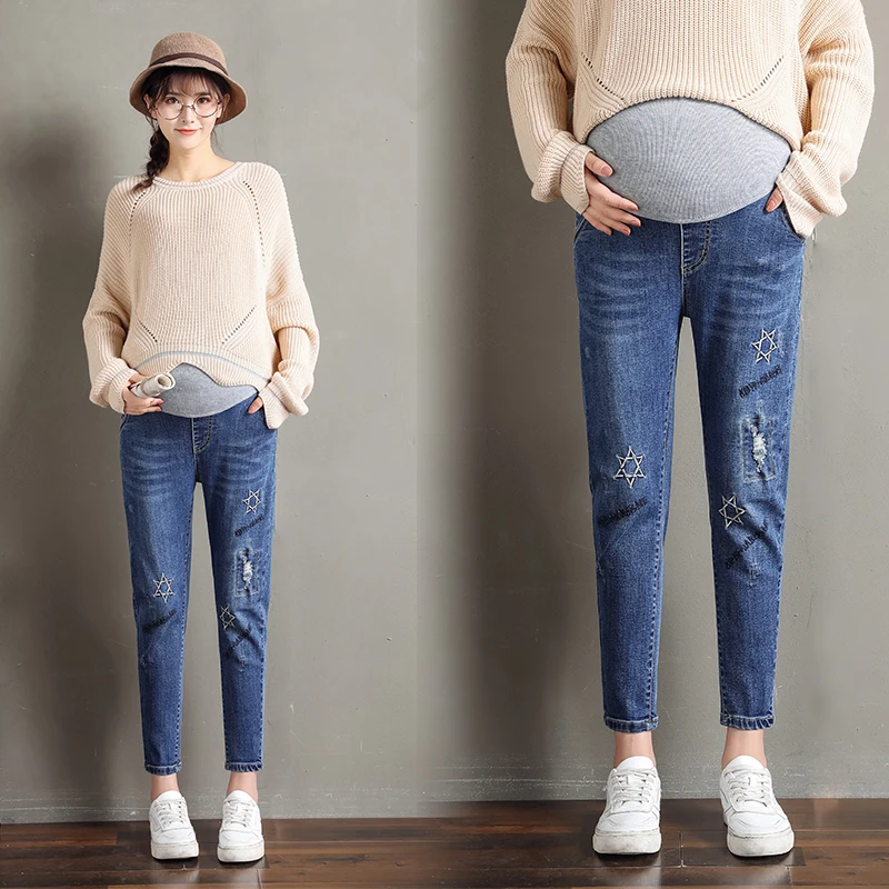 

290# Embroidery Denim Maternity Jeans Summer Autumn 9/10 Skinny Pants for Pregnant Women Adjustable Belly Pregnancy Trousers