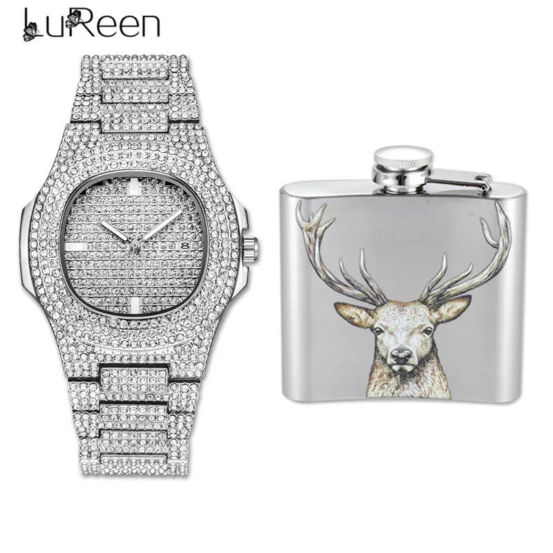 

Lureen Hip Hop Cubic Zirconia Quartz Watch Men Stainless Steel Hip Flask Flagon Wine Whisky Pot Bottle Male Jewelry Set W0022