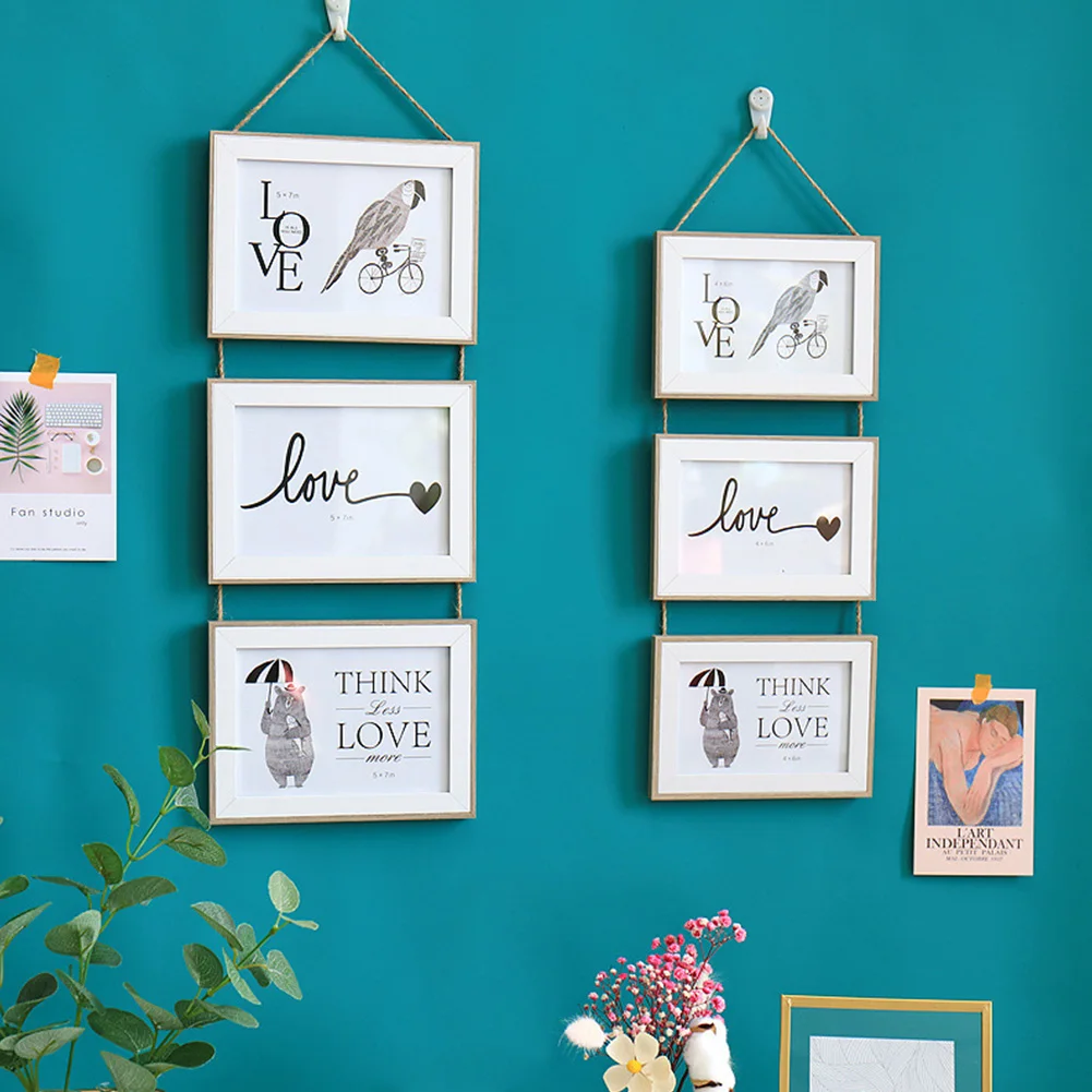 #*Cheap Durable Nordic Style Unique Chain Photo Frame Living Room Picture Hanging Ornament Home Solid Wood Triple Wall Mounted