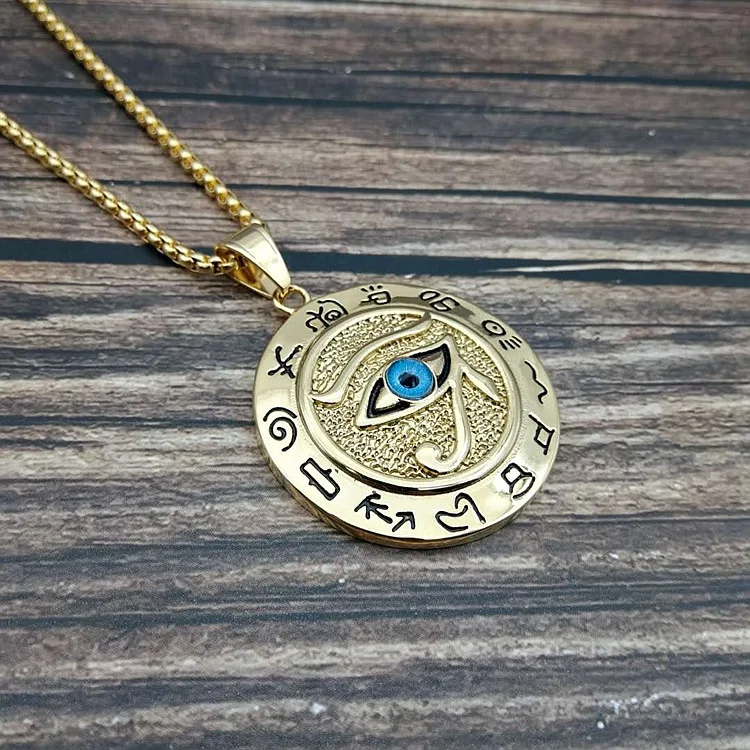 

Gold color Big Long Vintage Horus Egyptian Sun Eye God Symbol Pendants Necklaces 316L Stainless Steel Mens Biker Jewelry Chain