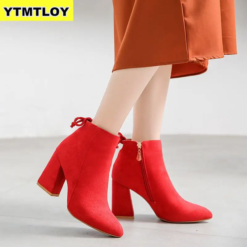 

Women Mid Calf Boots Yellow Color Pointed Toe Zippers Autumn Spring Martin Casual Lace-up High Heel Boots Ankle Boot Winter