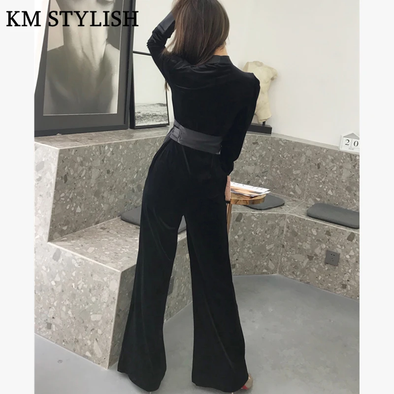 Velours Jambe Noir Nouveau À Taille Salopette Large Ceinture Manches Mince V bleu Mannequin Hiver Pantalon Haute Femelle Noir Longues Automne Bleu Col Ba8dxzqw