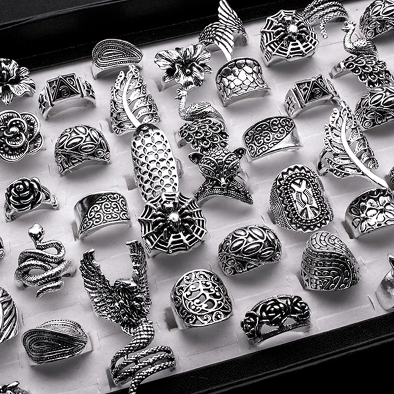 25pcs/lot Mixed Styles Bohemia Animal Rings for Women New Arrival Ancient Silver Plated Hollow Vintage Rings Party Gift 4