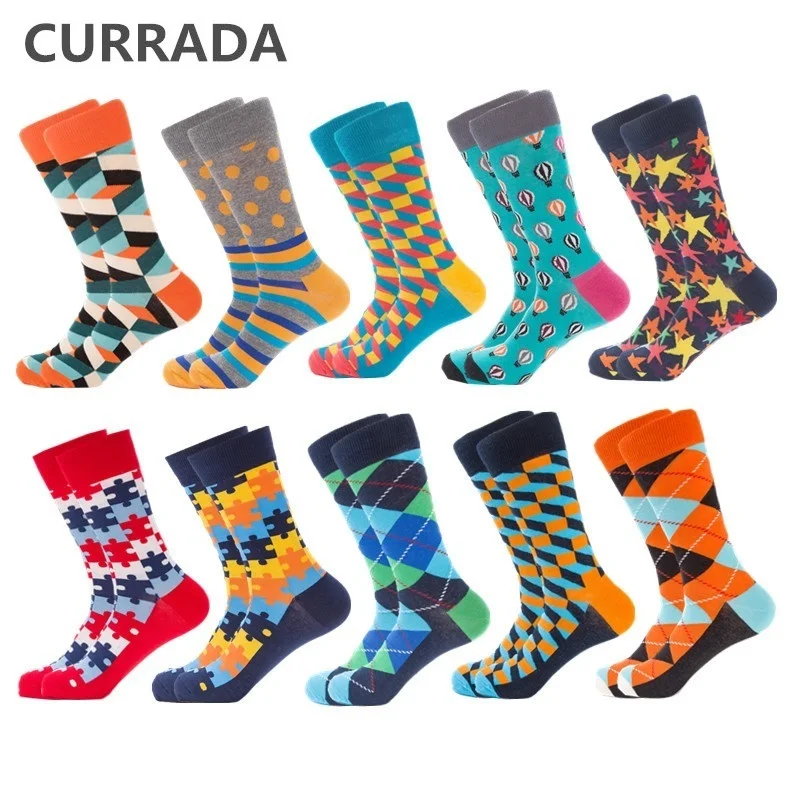 

CURRADA 10 Pairs/lot Funny Men Socks New Colorful Happy Combed Cotton Crew Man Sock Hip Hop Casual Novelty Compression Socks Men